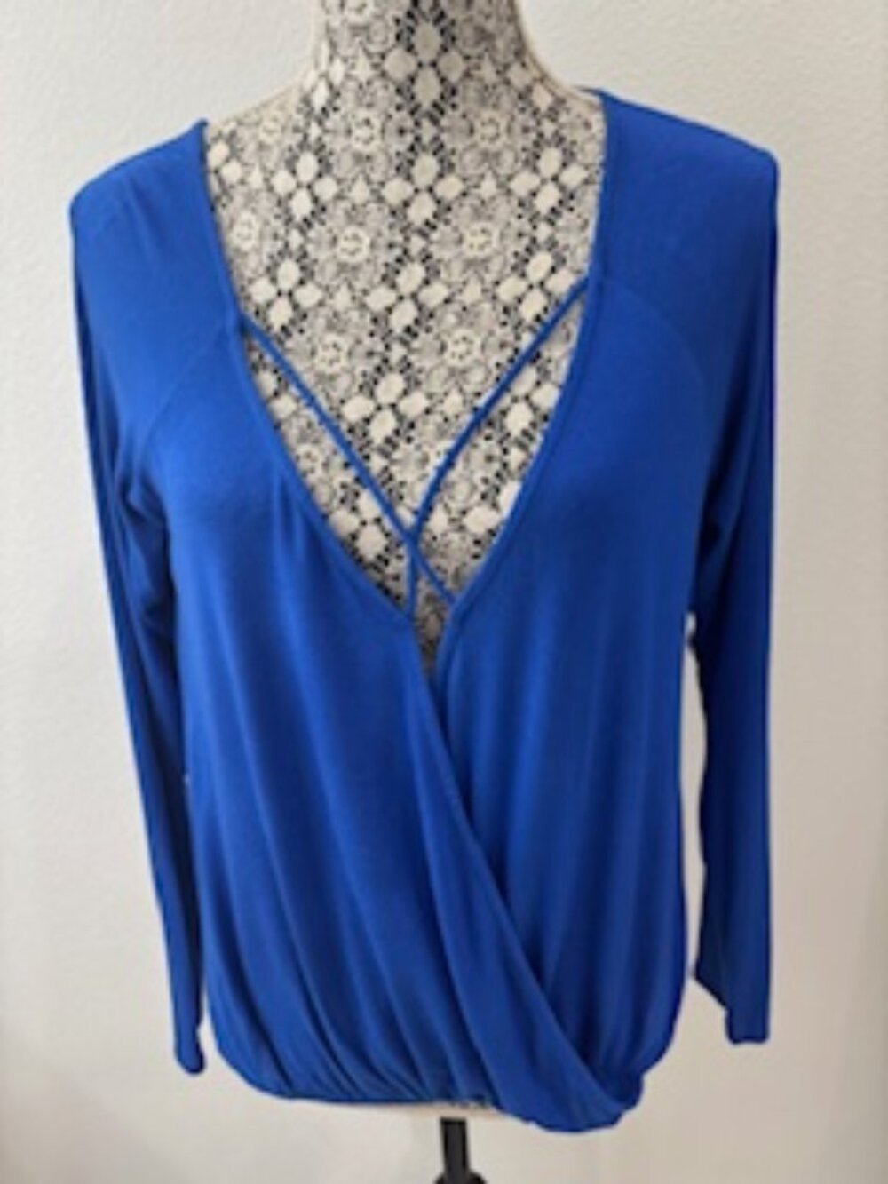 Royal Blue Long Sleeve Top with Criss Cross Front Detail - Size Small